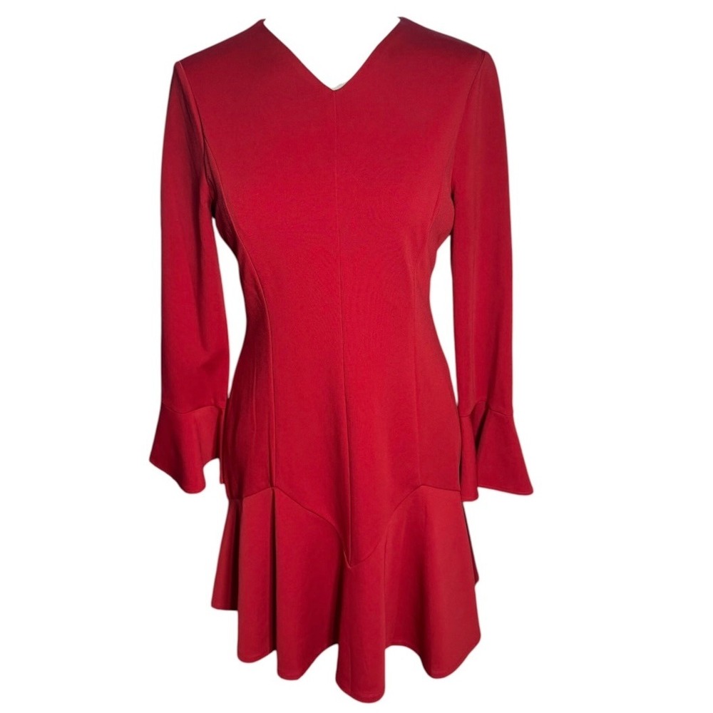 Maggy London Red Fit and Flare Dress V-Neck Bell Sleeve Ruffle Hem Size 10